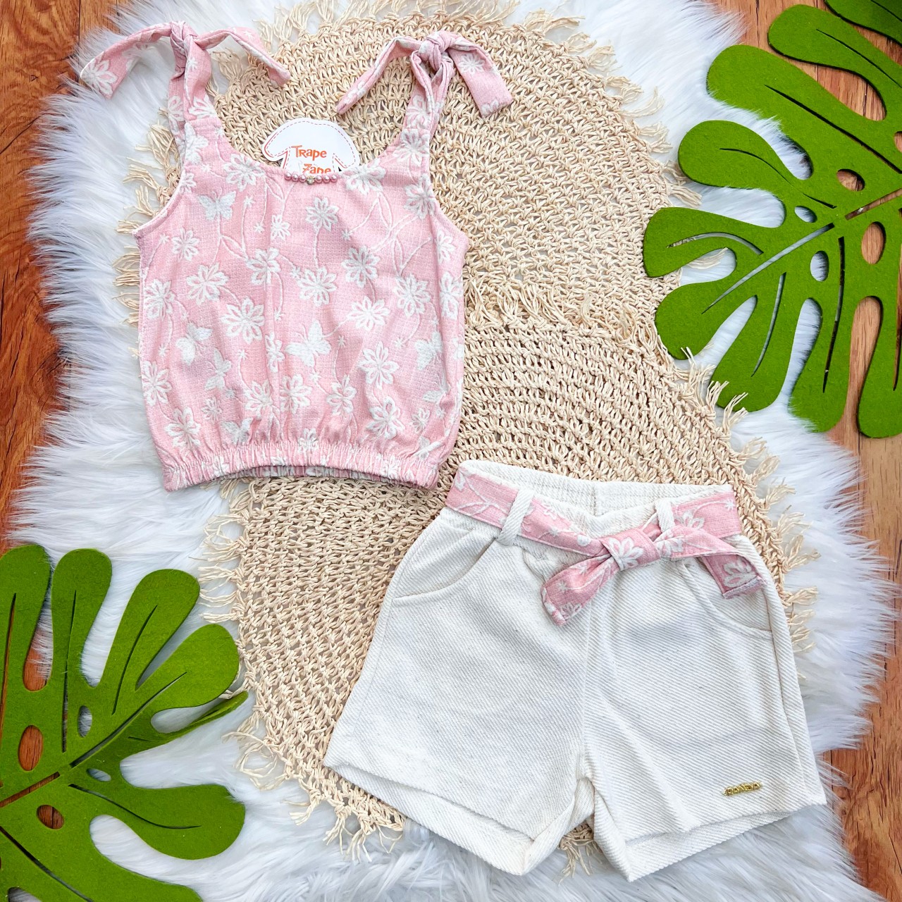 Conj. Regata com Flores e Short em Linho - Rose